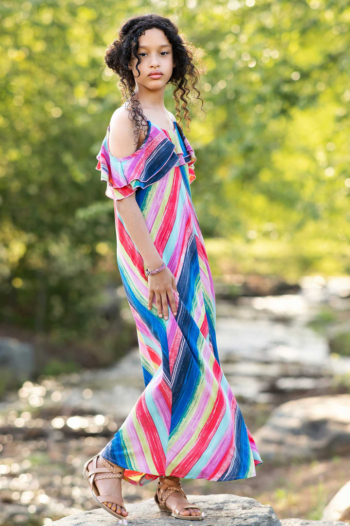 Big Girls | Tween Girls Rainbow Stripe Ruffle Maxi Slip Dress