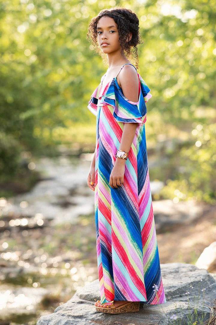 Big Girls | Tween Girls Rainbow Stripe Ruffle Maxi Slip Dress