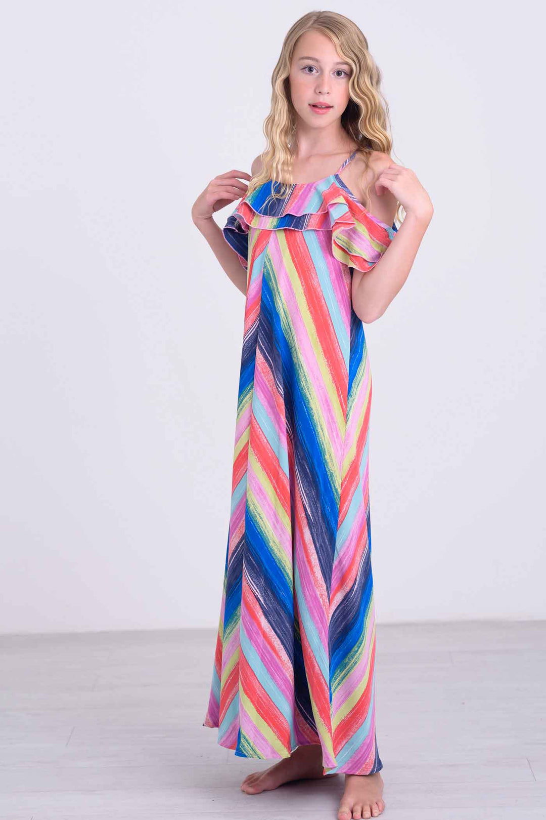 Big Girls | Tween Girls Rainbow Stripe Ruffle Maxi Slip Dress