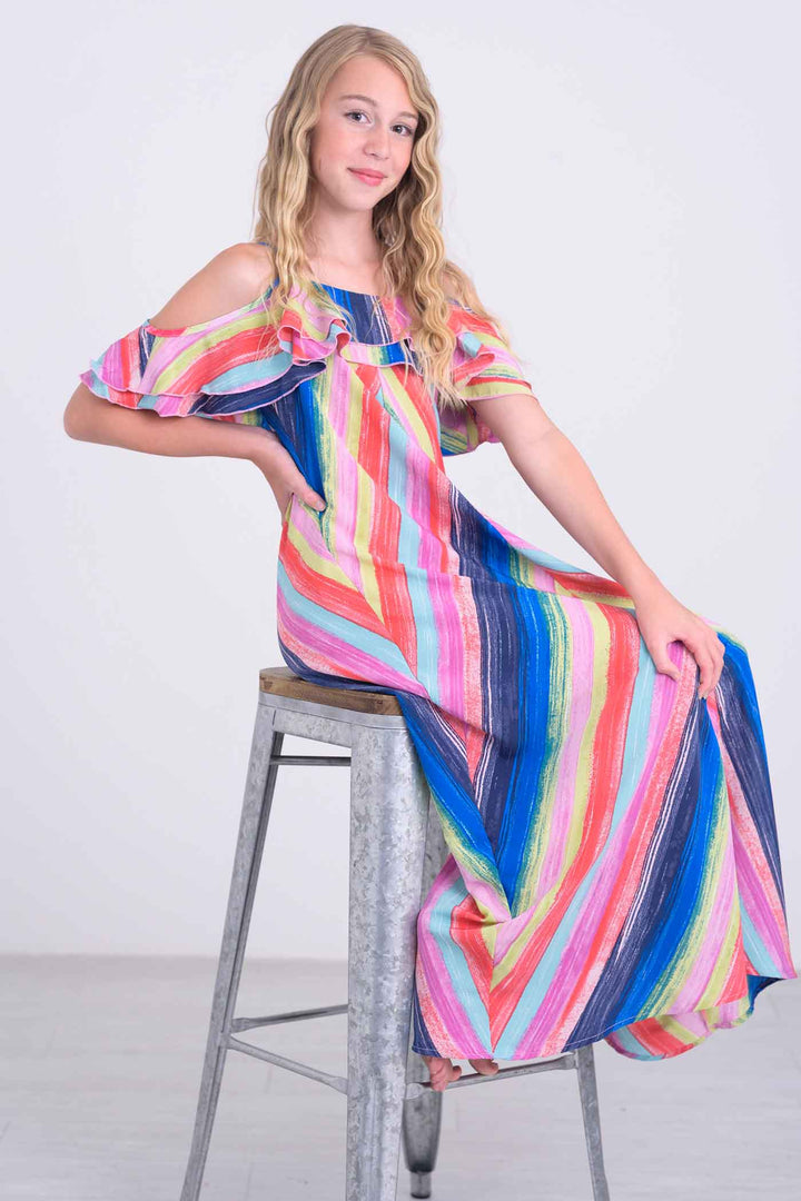 Big Girls | Tween Girls Rainbow Stripe Ruffle Maxi Slip Dress