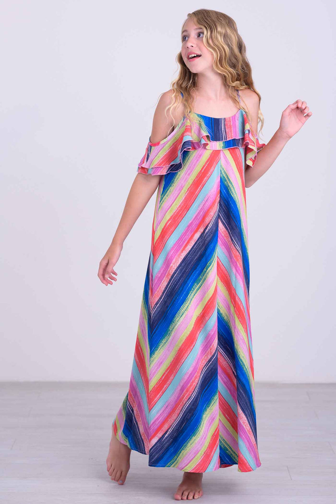Big Girls | Tween Girls Rainbow Stripe Ruffle Maxi Slip Dress