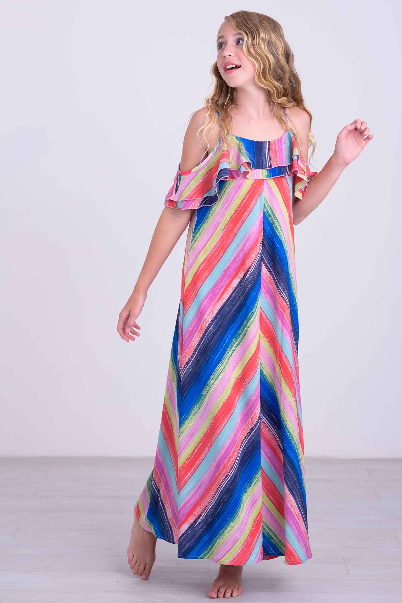 Big Girls | Tween Girls Rainbow Stripe Ruffle Maxi Slip Dress