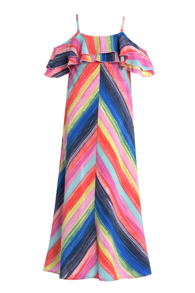 big girls rainbow stripe ruffle maxi slip dress