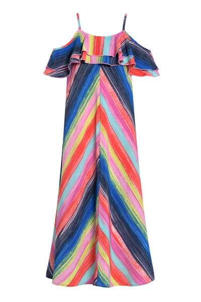 big girls rainbow stripe ruffle maxi slip dress