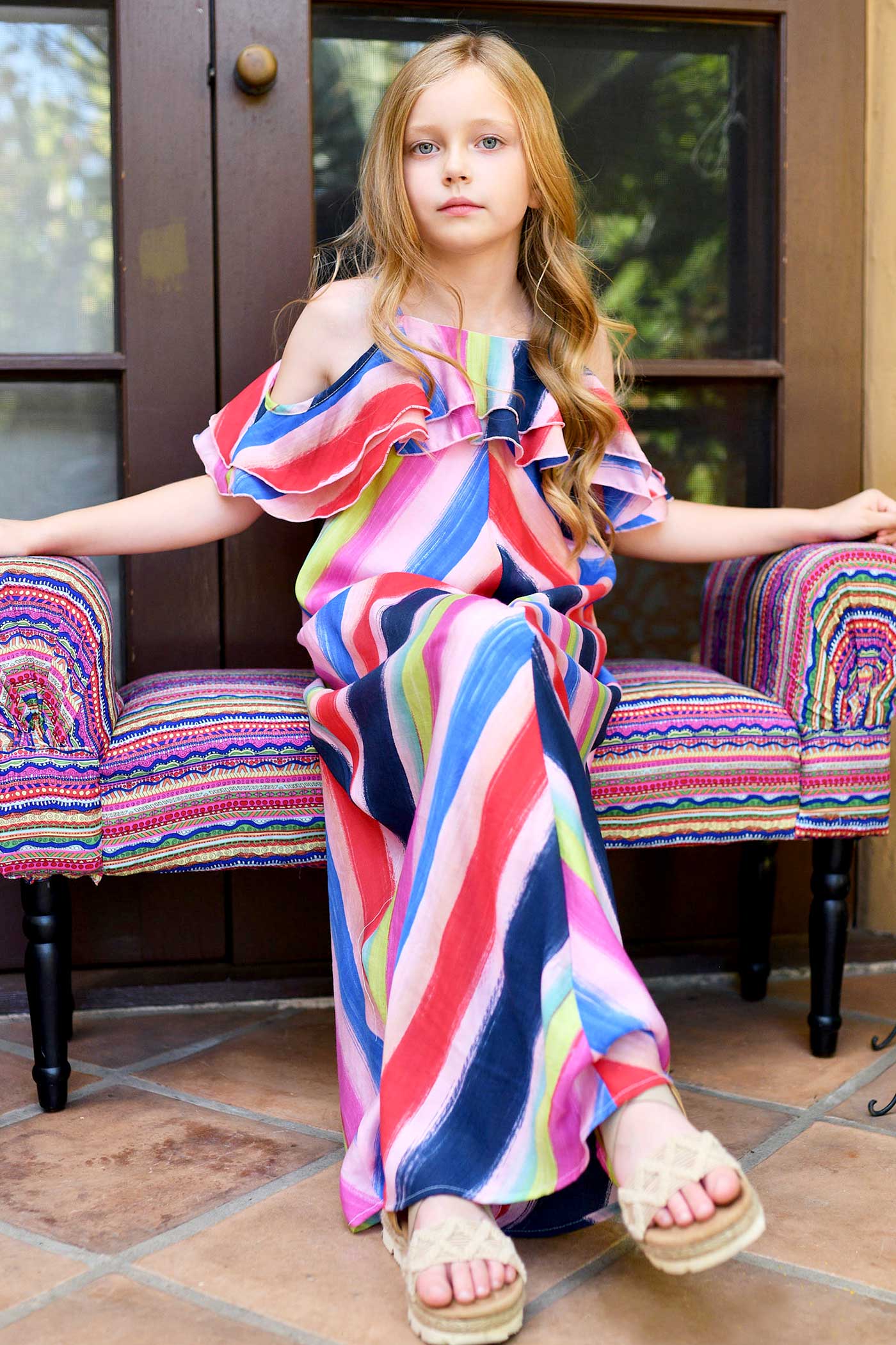 big girls rainbow stripe ruffle maxi slip dress