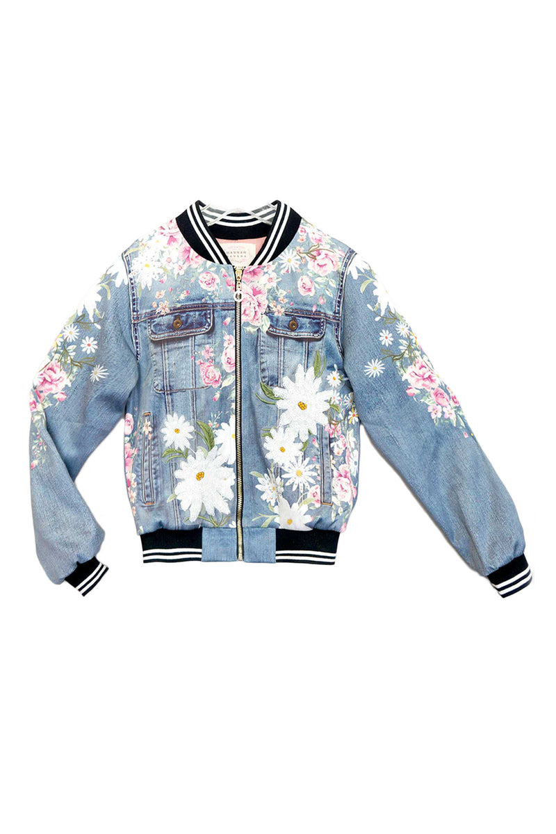Big Girls Denim and Floral Print Bomber Jacket