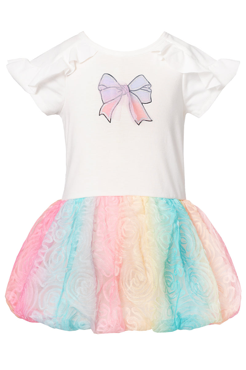 Simple, clean round neckline Short sleeves with unique ruffle detail Ombre bow graphic with glitter and mesh embellishment detail Bodice is made from a super soft knit jersey Bubble / Balloon hem skirt is made from a multicolor mesh with floral embroidery detail Floral Rosette Pastel Rainbow Puffed Skirt is lined for her comfort Imported
