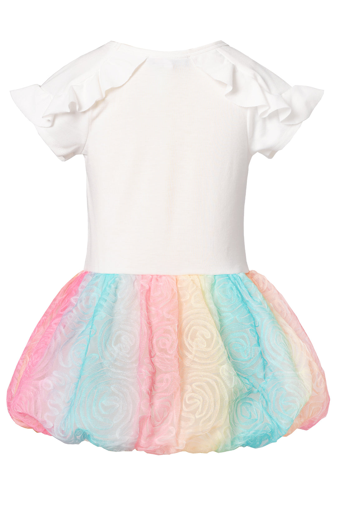 Simple, clean round neckline Short sleeves with unique ruffle detail Ombre bow graphic with glitter and mesh embellishment detail Bodice is made from a super soft knit jersey Bubble / Balloon hem skirt is made from a multicolor mesh with floral embroidery detail Floral Rosette Pastel Rainbow Puffed Skirt is lined for her comfort Imported