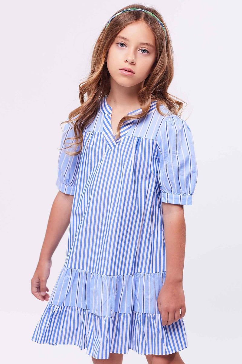 Big Girls Mixed Stripe Puffy Short Sleeve A-Line Dress