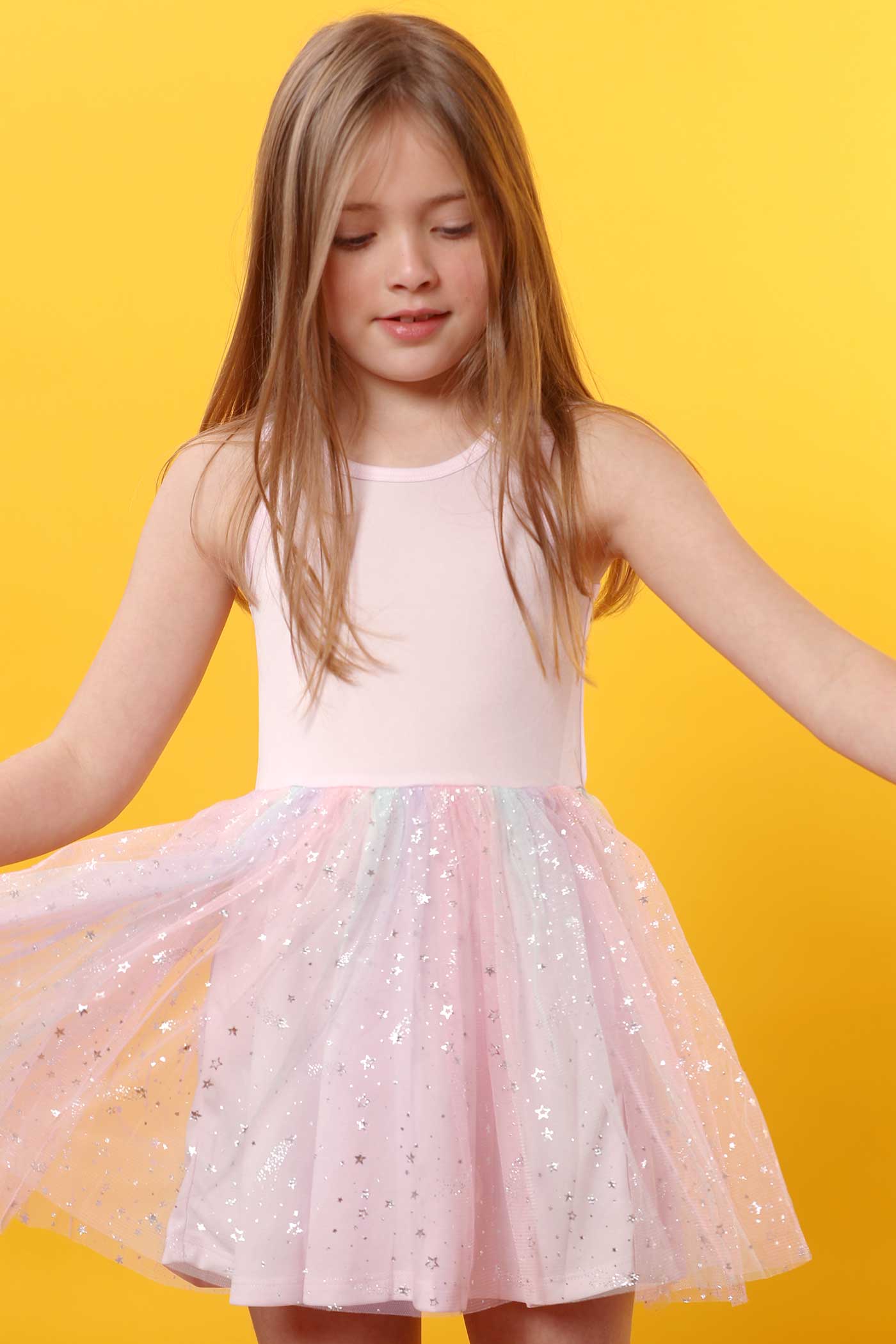 Truly Me Little Girls Star Unicorn Theme Twofer Dress Twofer dress, or two-for-one top and dress set Sleeveless knit top includes clean round neckline and front tie detail Top also comes with bold Unicorn Star theme patch made of flip over sequins Sleeveless tutu dress comes in a fit and flare silhouette Dress is made from high quality knit fabric and star shimmer multicolor mesh Skirt portion of dress is lined for her comfort Imported