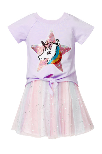 Truly Me Little Girls Star Unicorn Theme Twofer Dress Twofer dress, or two-for-one top and dress set Sleeveless knit top includes clean round neckline and front tie detail Top also comes with bold Unicorn Star theme patch made of flip over sequins Sleeveless tutu dress comes in a fit and flare silhouette Dress is made from high quality knit fabric and star shimmer multicolor mesh Skirt portion of dress is lined for her comfort Imported