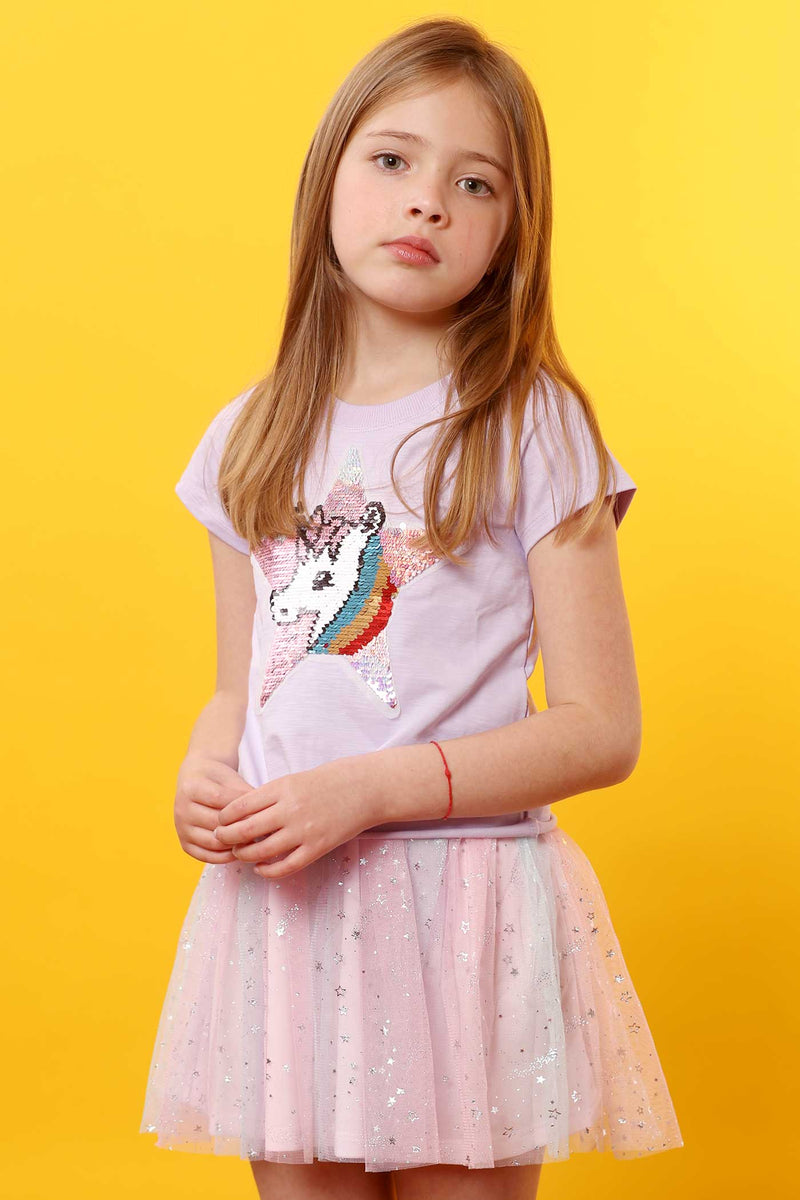 Truly Me Little Girls Star Unicorn Theme Twofer Dress Twofer dress, or two-for-one top and dress set Sleeveless knit top includes clean round neckline and front tie detail Top also comes with bold Unicorn Star theme patch made of flip over sequins Sleeveless tutu dress comes in a fit and flare silhouette Dress is made from high quality knit fabric and star shimmer multicolor mesh Skirt portion of dress is lined for her comfort Imported