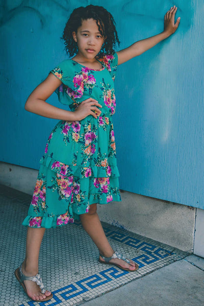 Big Girls High Low Floral Print Ruffled Chiffon Dress