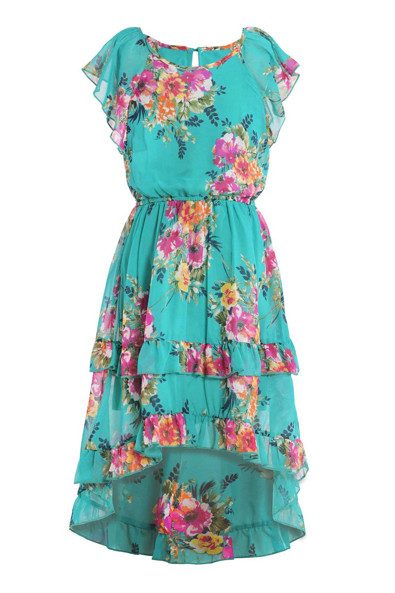 Big Girls High Low Floral Print Ruffled Chiffon Dress