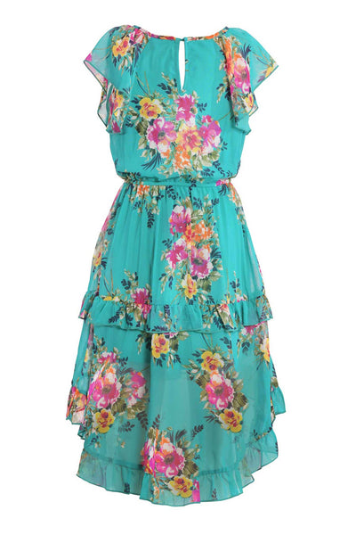 Big Girls High Low Floral Print Ruffled Chiffon Dress