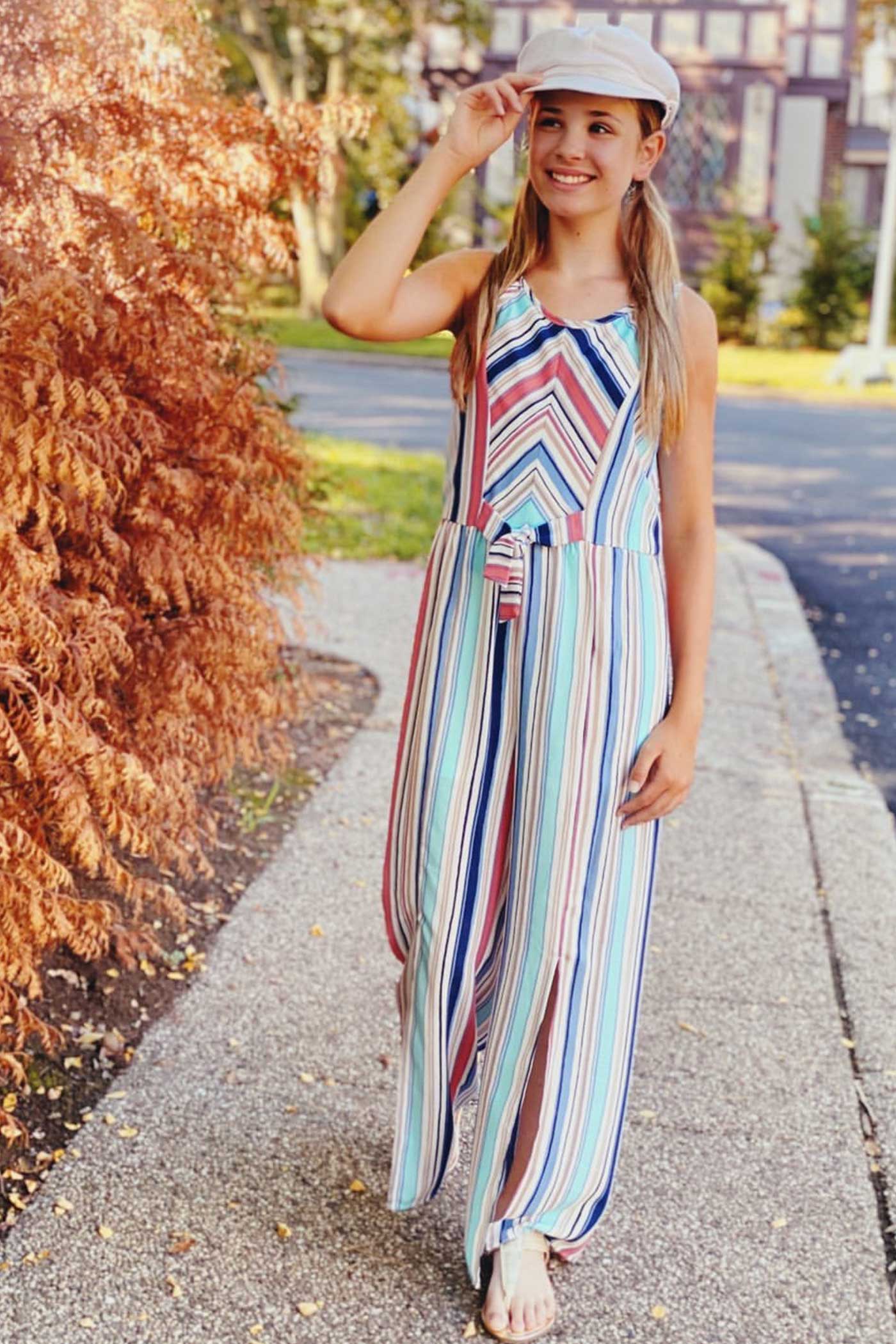 Truly Me Big Girls Tie Front Striped Sleeveless Jumpsuit