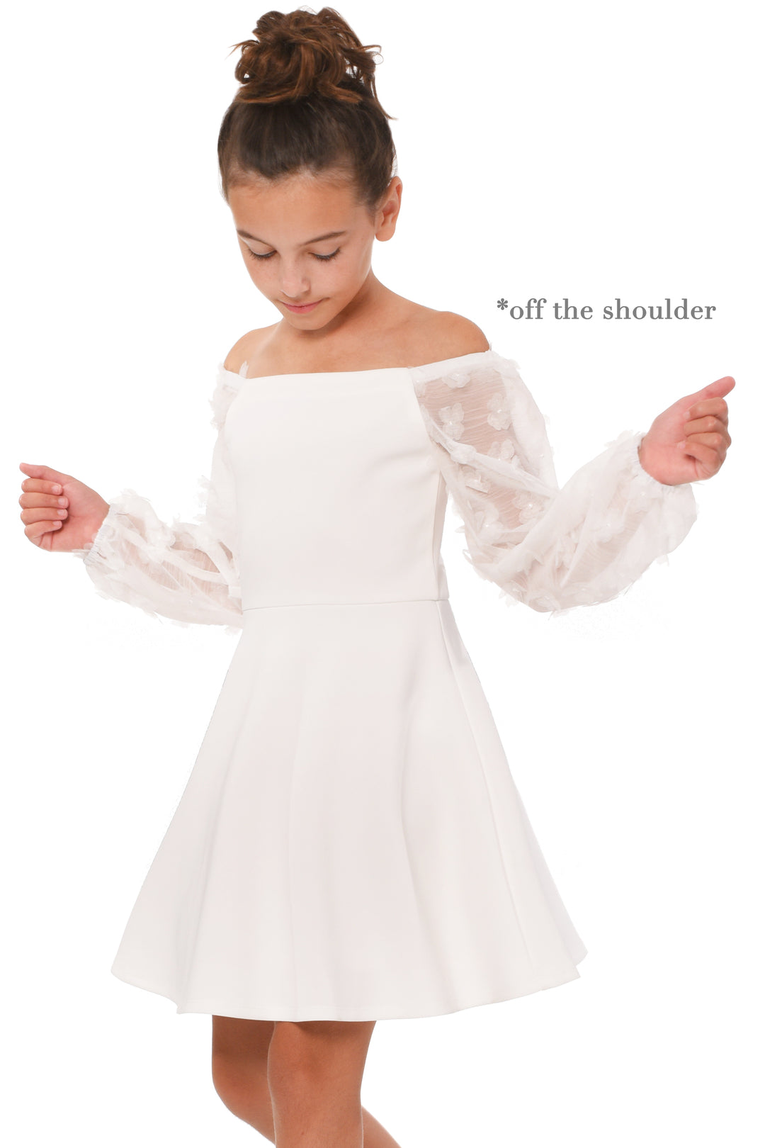 Truly Me Big Girls Floral Long Sleeve Skater Dress Big Girls 3D Floral Long Sleeve Skater Dress Wear two way style: on and off the shoulder neckline Elegant long sleeves made with floral embellished novelty fabric Flattering fit and flare silhouette High quality white scuba knit fabric Exposed back zipper Imported