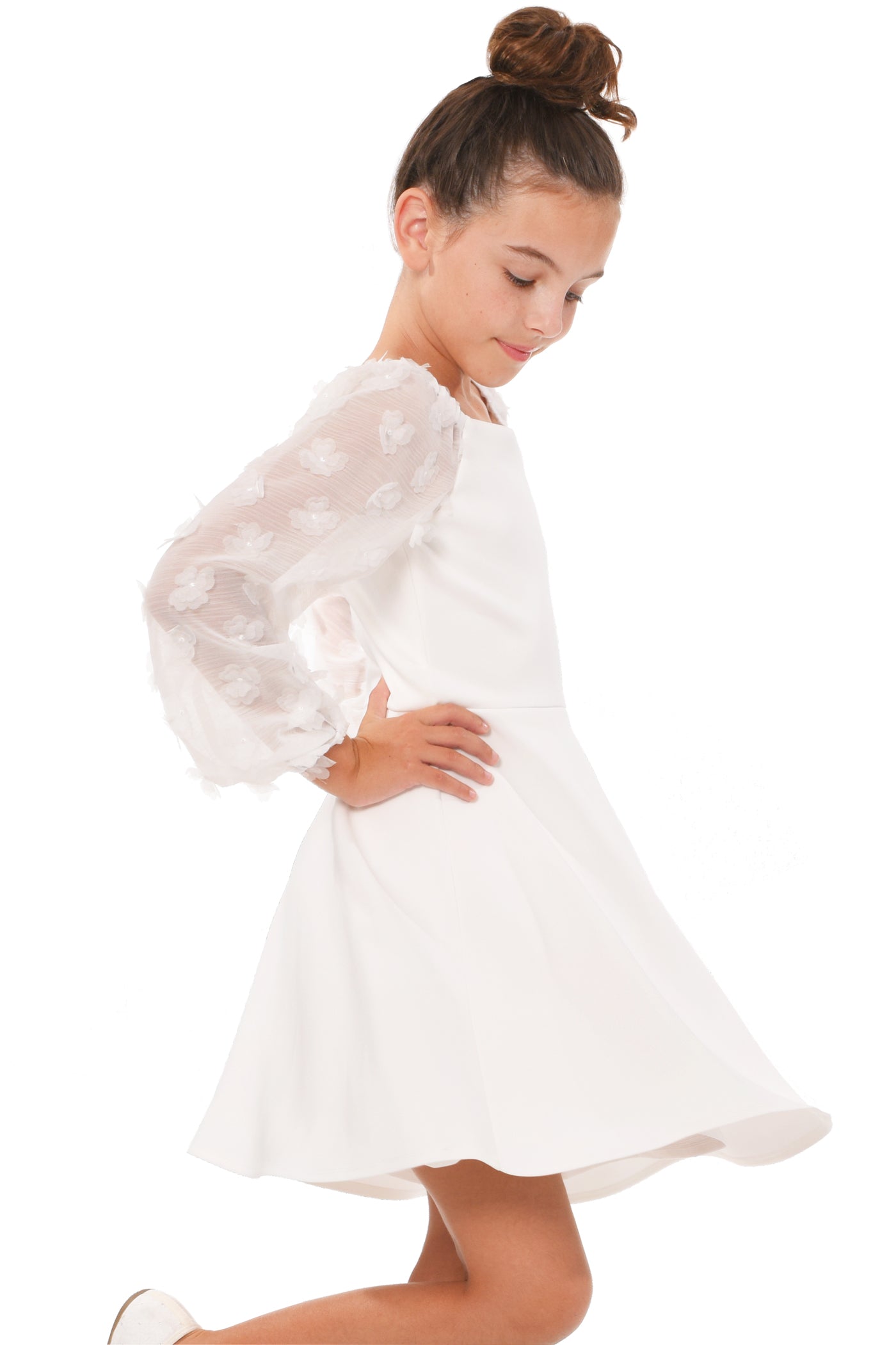 Truly Me Big Girls Floral Long Sleeve Skater Dress Big Girls 3D Floral Long Sleeve Skater Dress Wear two way style: on and off the shoulder neckline Elegant long sleeves made with floral embellished novelty fabric Flattering fit and flare silhouette High quality white scuba knit fabric Exposed back zipper Imported