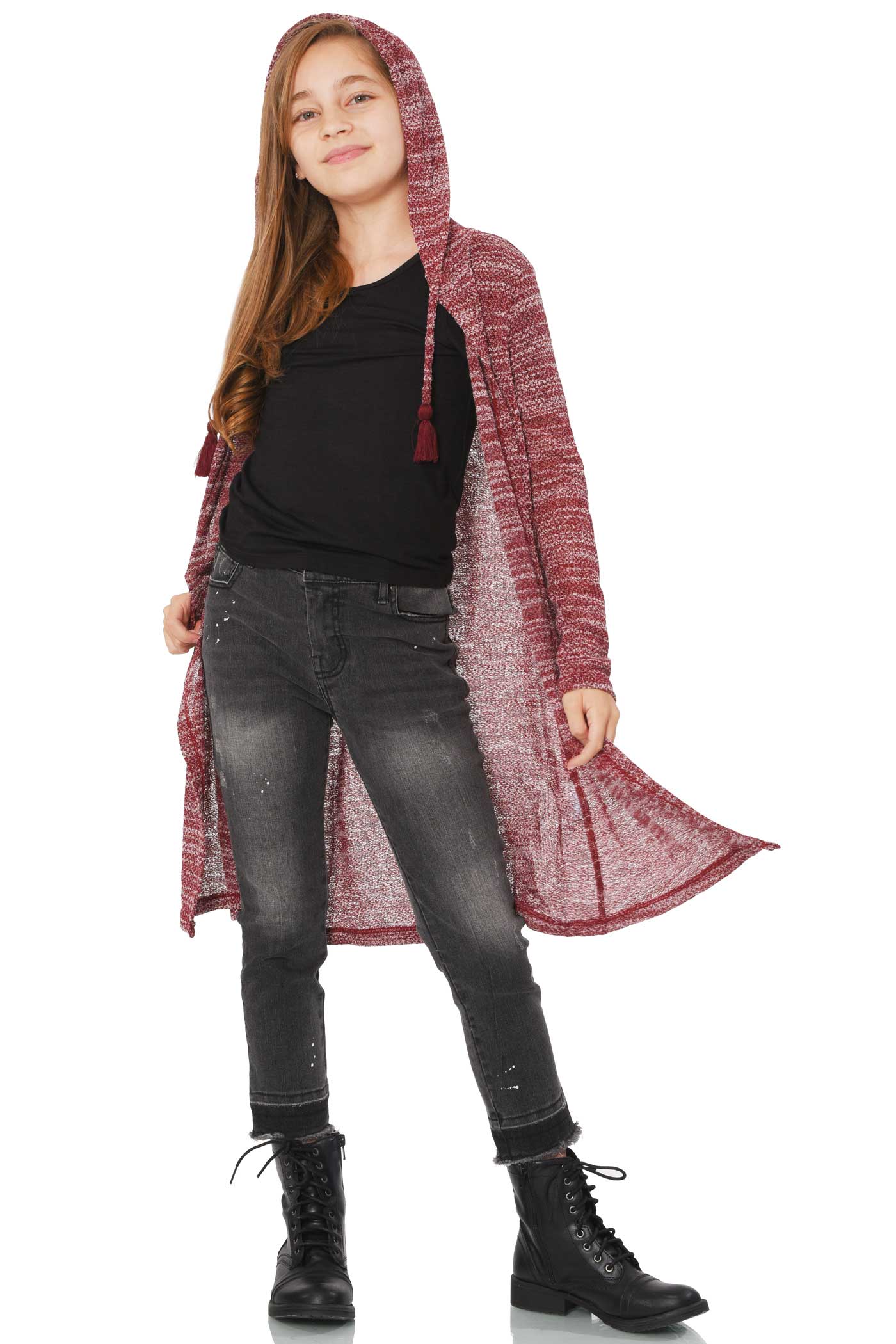 Big Girls Long Knit Hoodie Cardigan