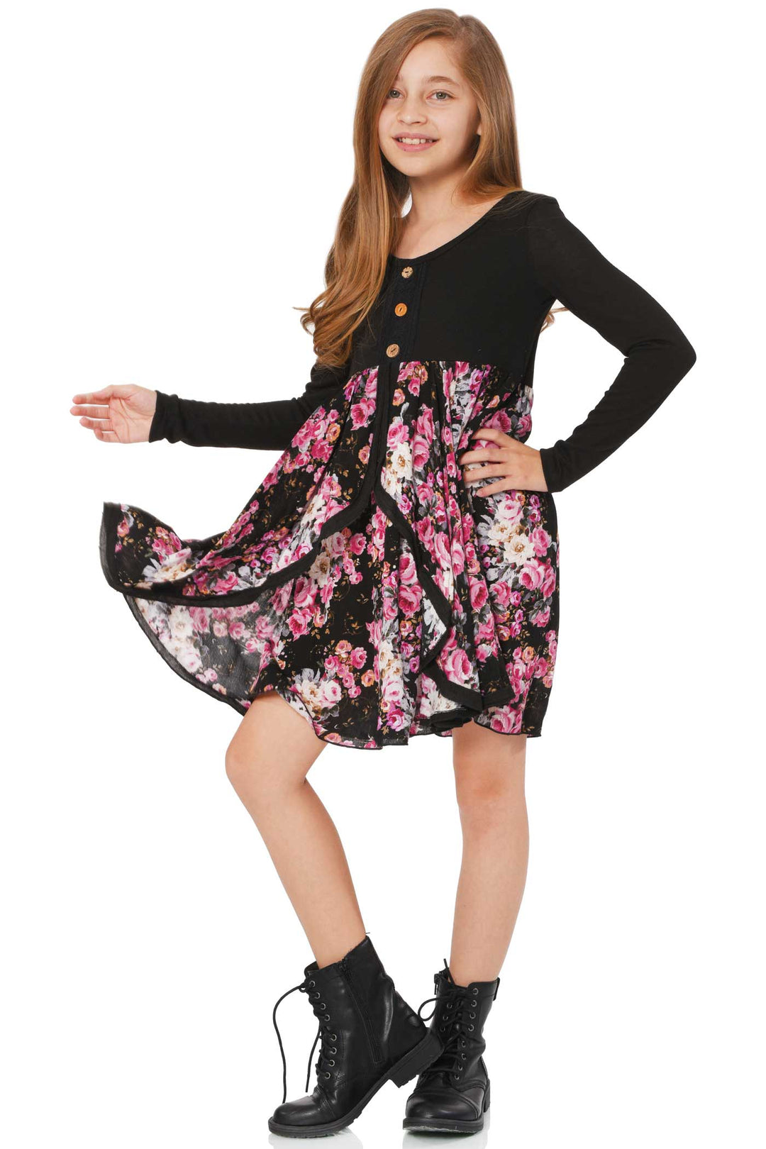 Truly Me Big Girls Long Sleeve Floral Print Dress