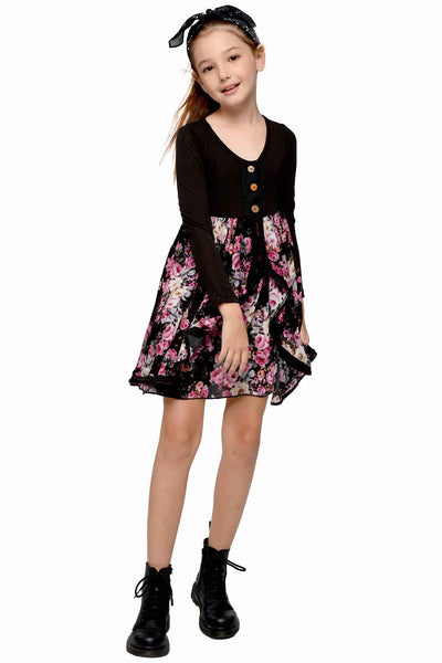 Big Girls Long Sleeve Floral Print Dress