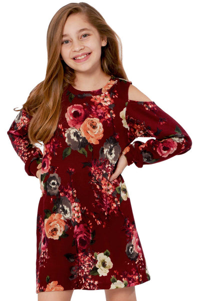 Truly Me Big Girls Long Sleeve Cold Shoulder Floral Knit Dress