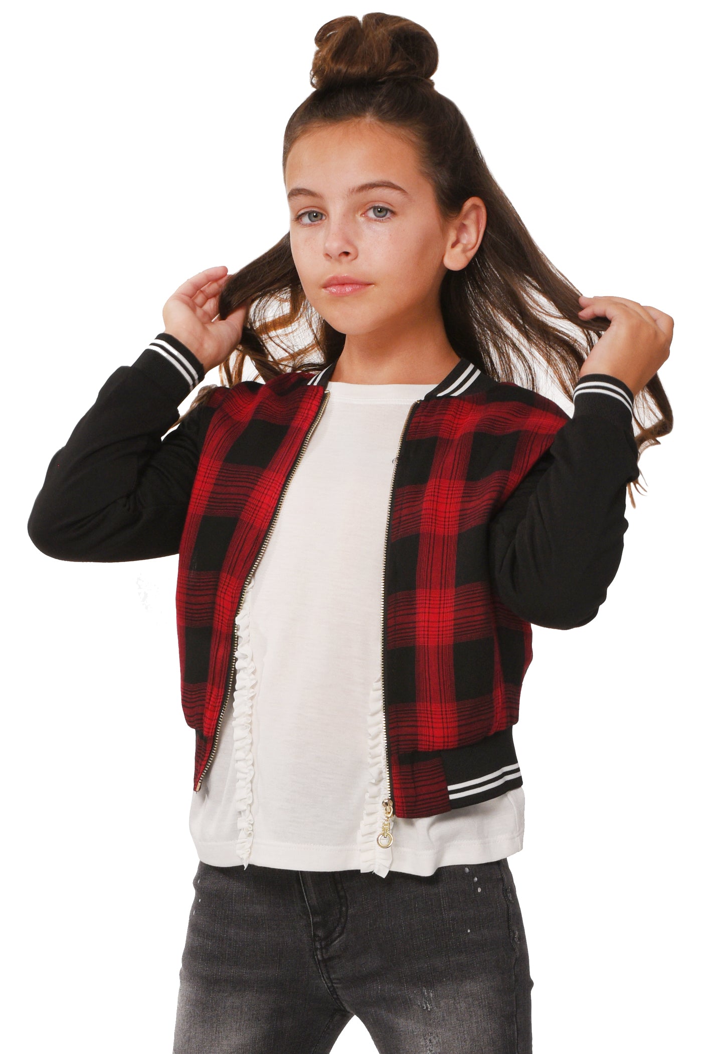 Truly Me Big Girls ALL STAR Plaid Bomber Jacket