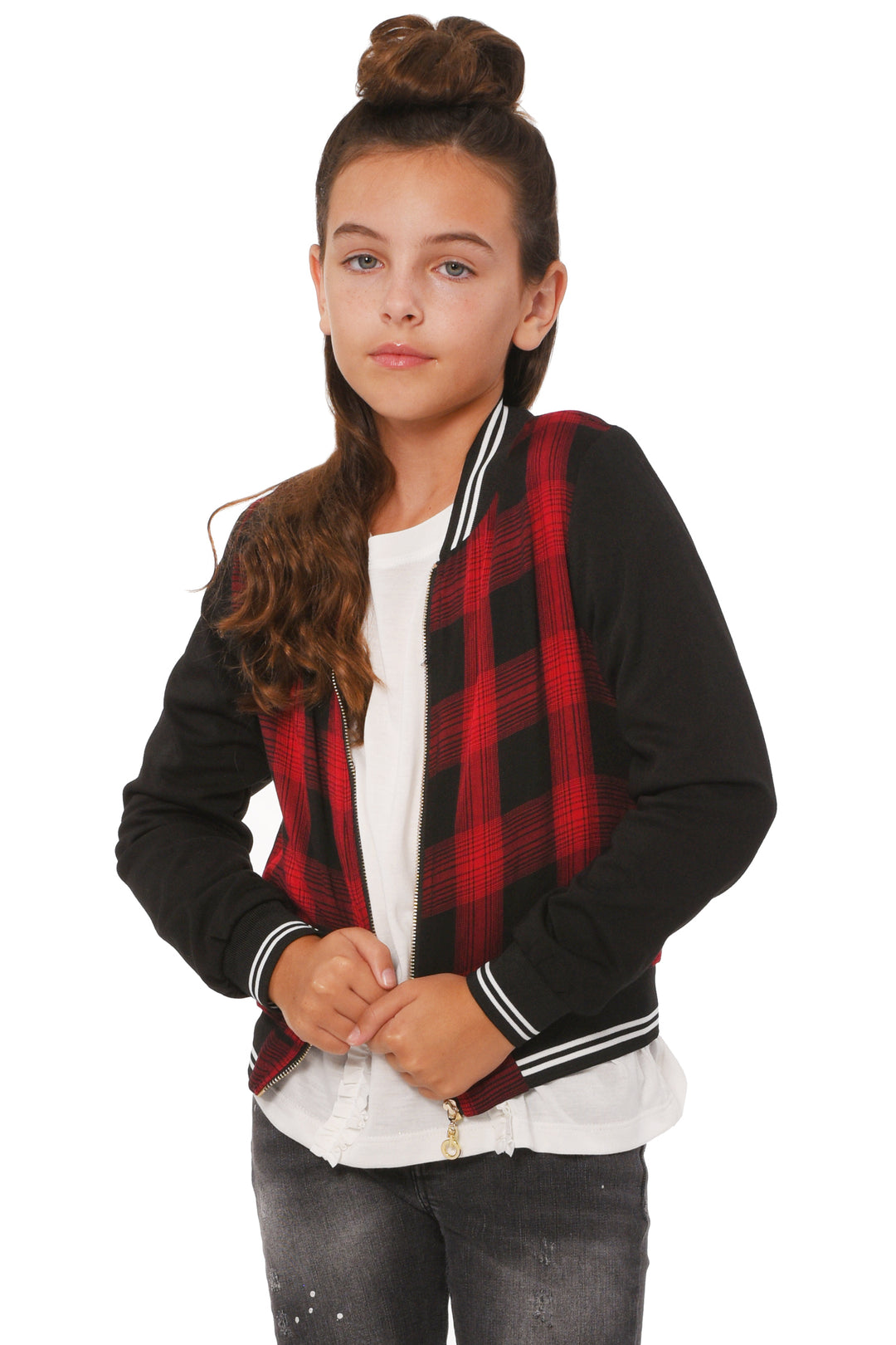 Truly Me Big Girls ALL STAR Plaid Bomber Jacket