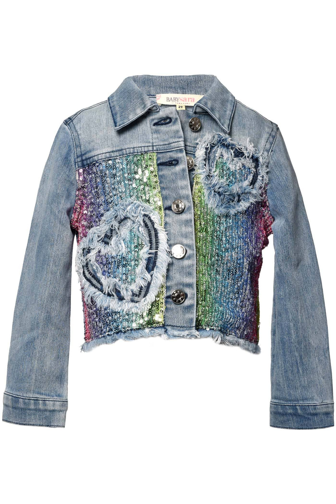 My Hannah banana Little Girl’s Distressed Rainbow Sequin Denim Jacket.   Distressed Hearts & Frayed Hem Pointed Collar & Button Down Closure Pastel Rainbow Sequins Light Wash Denim Jean Jacket The Perfect Skirt For The Little Rockstar.   Imported
