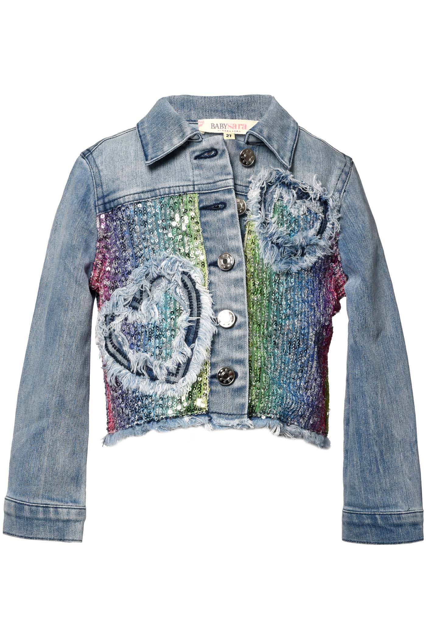 My Hannah banana Little Girl’s Distressed Rainbow Sequin Denim Jacket.   Distressed Hearts & Frayed Hem Pointed Collar & Button Down Closure Pastel Rainbow Sequins Light Wash Denim Jean Jacket The Perfect Skirt For The Little Rockstar.   Imported