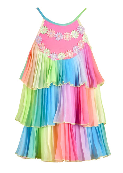 Round Neckline  Thin Straps  Trendy pleated fabrication Super girly 3-tiered doll dress design Summer-perfect pastel watercolor tie dye vibrant rainbow color Adorable daisy trim embellishment Right above the knee length Imported Little Girls Pleated Ruffle Tiered Rainbow Doll Dress
