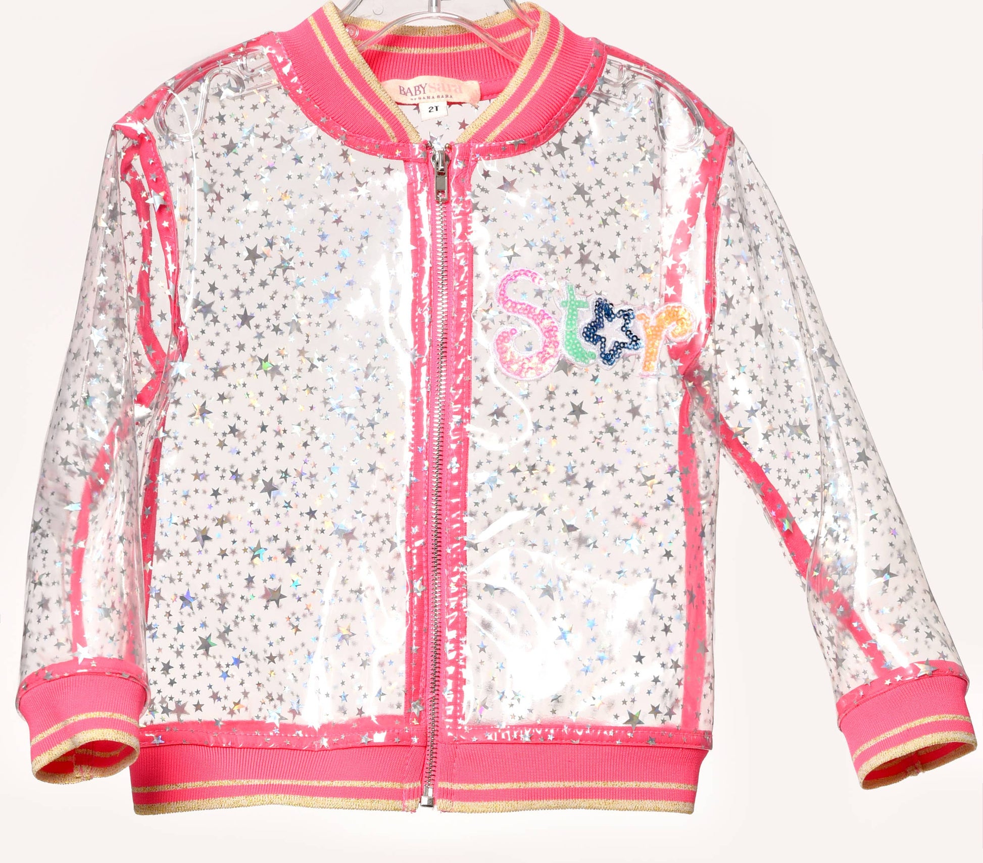 Clear Hologram Star Vinyl  Coral & Yellow Contrast  “Star” Text On Chest Zipper Closure  The Perfect Jacket For Spring Showers! Imported.  Little Girl’s Hologram Star Vinyl Bomber Jacket