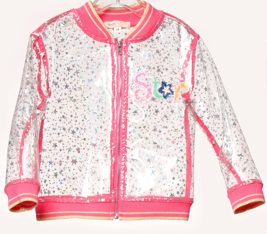 Clear Hologram Star Vinyl  Coral & Yellow Contrast  “Star” Text On Chest Zipper Closure  The Perfect Jacket For Spring Showers! Imported.  Little Girl’s Hologram Star Vinyl Bomber Jacket