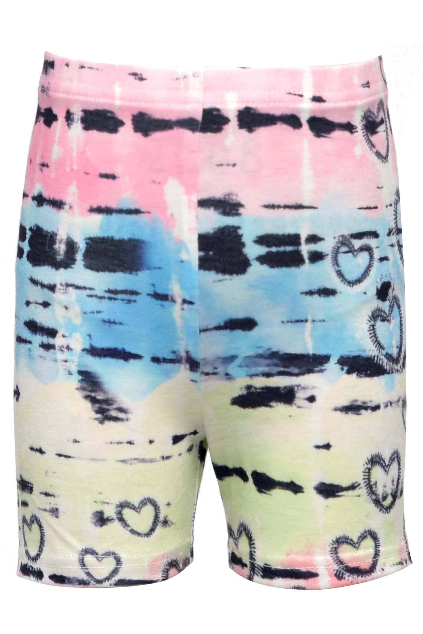 Little Girl’s Tie-Dye Heart Print Biker shorts Pastel Pink,Blue, and Yellow Tie Dye Black Tie Dye Large Heart  Elastic band Waistline     Imported