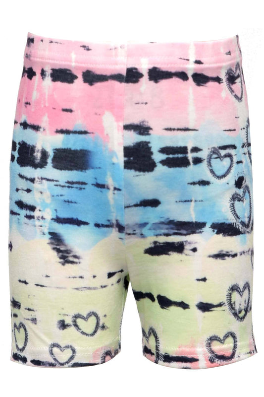 Little Girl’s Tie-Dye Heart Print Biker shorts Pastel Pink,Blue, and Yellow Tie Dye Black Tie Dye Large Heart  Elastic band Waistline     Imported