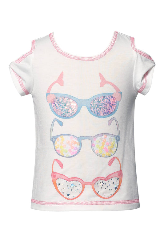 Little Girl’s Cold Shoulder Sunglasses Top My Hannah Banana  Round Neckline   Short Sleeve W/ Cutout Shoulder Super Spring & Summer Ready Triple Glasses Graphic Design Mini Fashionista Approved Sequins,Seashells, Daisies,and Hologrpahic Stars Imported  