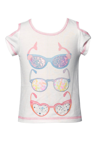 Little Girl’s Cold Shoulder Sunglasses Top My Hannah Banana  Round Neckline   Short Sleeve W/ Cutout Shoulder Super Spring & Summer Ready Triple Glasses Graphic Design Mini Fashionista Approved Sequins,Seashells, Daisies,and Hologrpahic Stars Imported  