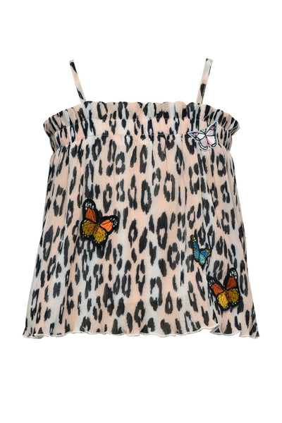 My Hannah Banana Girl’s Animal Print Cami Top W/Butterfly Patches.   Square Neckline Spaghetti Straps  Ruffled Details W/ Semi Loose Fit Body  Leopard Cheetah Animal Print  Colorful Butterfly Patches  Imported