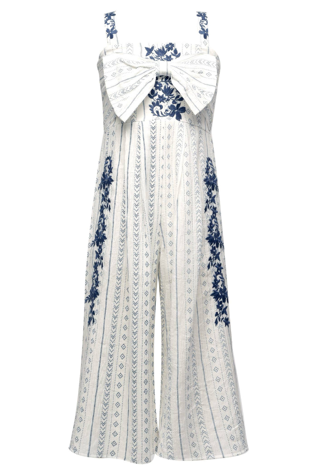 My Hannah Banana Square Neckline  Semi Thick Straps W/ Embroidered Details Large Statement Bow On Chest W/ Embroidery High Waistline  All Over Bohemian Print  Floral Embroidery Patten Running Down The Sides Semi Flared Bottom  Imported