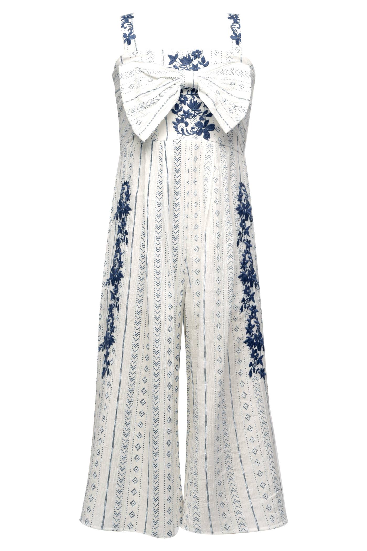 My Hannah Banana Square Neckline  Semi Thick Straps W/ Embroidered Details Large Statement Bow On Chest W/ Embroidery High Waistline  All Over Bohemian Print  Floral Embroidery Patten Running Down The Sides Semi Flared Bottom  Imported