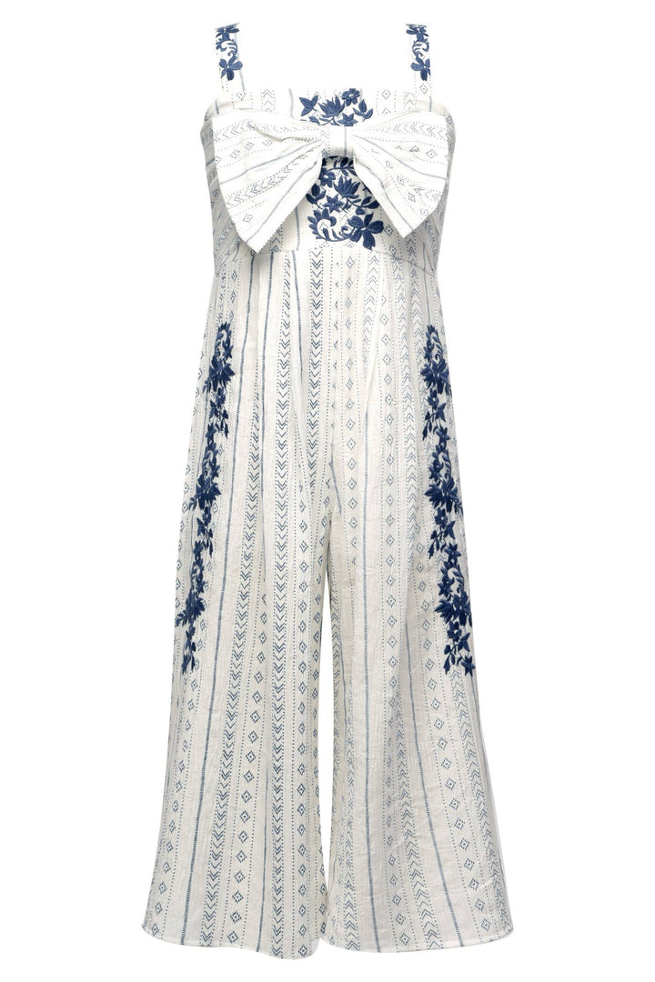 My Hannah Banana Square Neckline  Semi Thick Straps W/ Embroidered Details Large Statement Bow On Chest W/ Embroidery High Waistline  All Over Bohemian Print  Floral Embroidery Patten Running Down The Sides Semi Flared Bottom  Imported