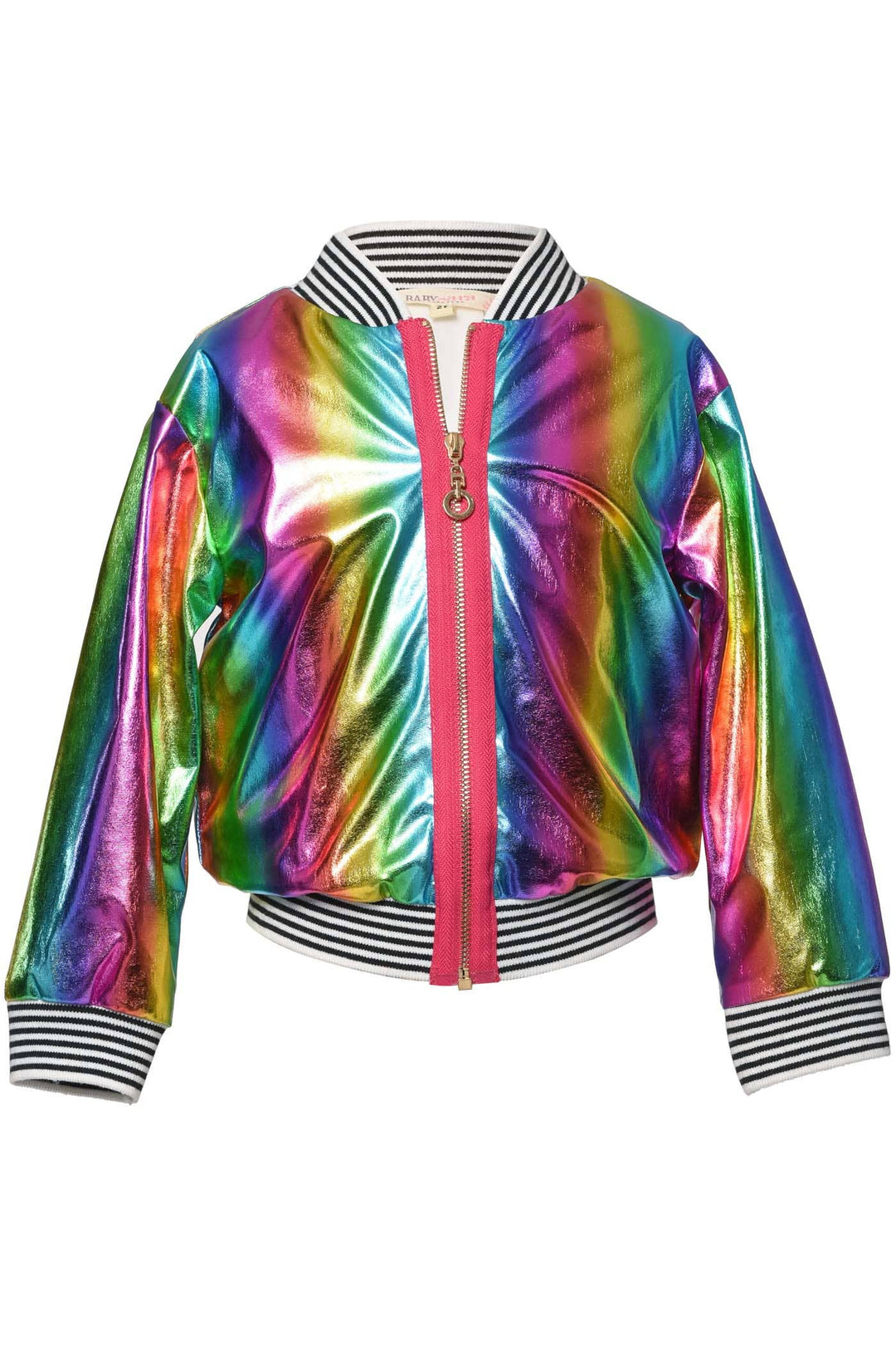 My Hannah Banana Little Girl’s Rainbow Metallic Star Patch Bomber Jacket.    Ribbed Striped Neckline, Cuffs, and Waistband  Bold Hot Pink Exposed Zipper Closure   Rainbow Metallic Ombré Stripe All Over   The Perfect Athleisure Bomber Jacket For The Little Maximalist! Imported