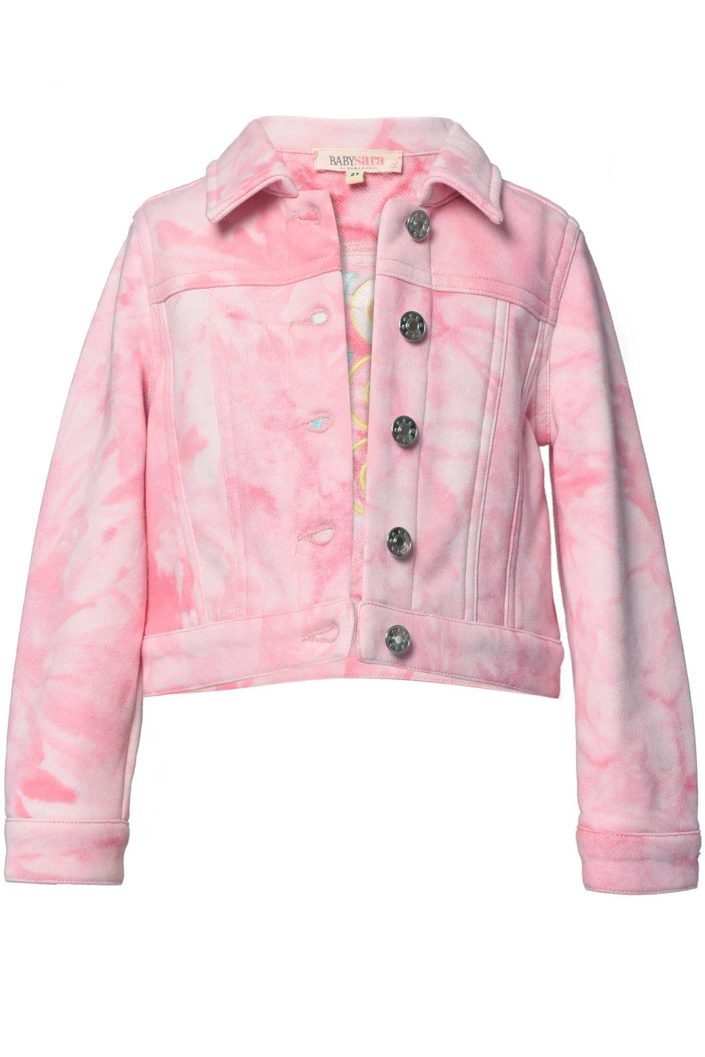 My Hannah Banana Baby Sara SaraSara.  Little Girl’s Tie Dye Rainbow Embroidery Jacket.   Pink Pastel Tie Dye  Pointed Collar & Button Down Closure  Long Sleeves  Embroidered Rainbow & “Love” Text  A Fun & Athleisure Sporty Look For Spring & Summer!  Imported