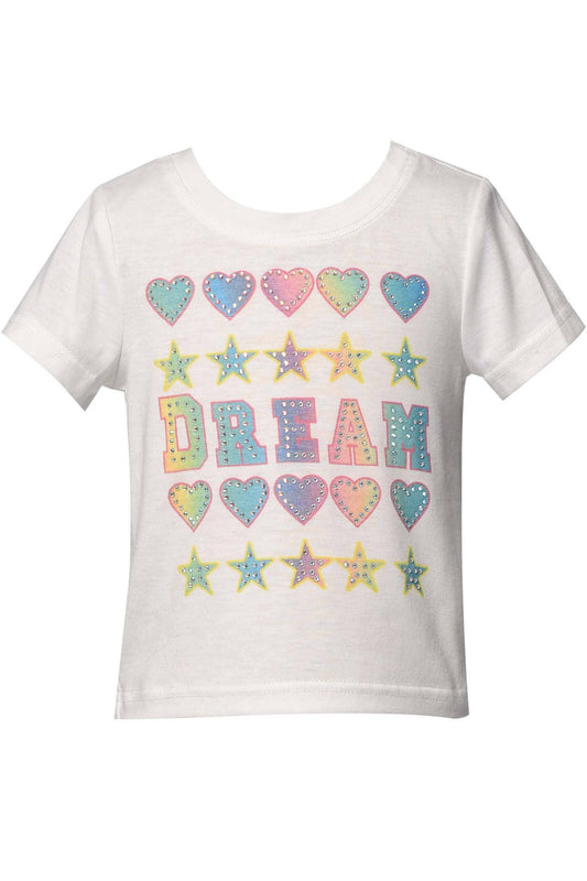 My Hannah Banana Little Girl’s Short Sleeve Dream Print Top.   Pastel Rainbow Ombré    Star, Heart, Rhinestone, and “Dream” Text  Round Neckline Short Sleeves Imported