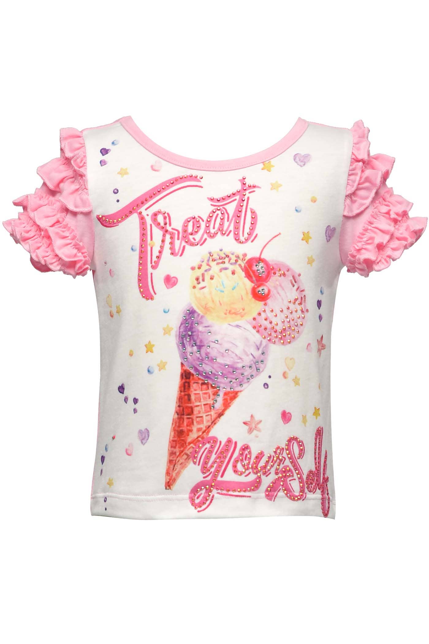 Little Girl’s Ruffle “Treat Yourself” Ice Cream Top.  "You Scream, I Scream, We All Scream for Ice Cream" Dramatic Ruffled Sleeves   Round Neckline  Three Scoop Ice Cream W/ Cherry & Waffle Con Heart, Stars, and Dot Print “Treat Yourself” Text   Imported