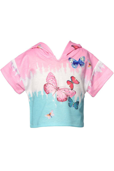Little Girl’s Short Sleeve Butterfly Hoodie Top My Hannah banana   V-Neck & Hoodie  Short Sleeve  Color Block Tie Dye  Flying Colorful Butterflies A Girly Sporty Athleisure Look & Feel. Imported