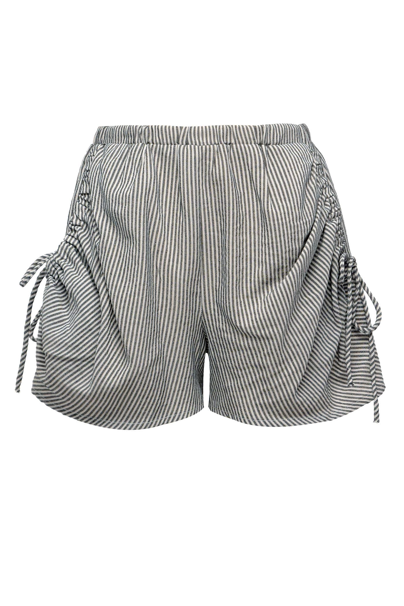 My hannah banana Girl’s Nautical Striped Ruched Woven Shorts.  . Elastic Waistband   Tiny Striped  Playful Side Ruched Details & Tie  A Subtle Nautical Look For Spring/Summer.  Imported