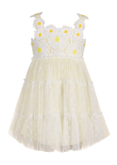 My Hannah Banana Toddler’s Empire Waist Crochet Polka Dot Dress.   Crochet Daisy Floral Top Half Lettuce Ruffle Empire Waistline   Polka Dot Mesh Overlay  Triple Ruffled Tiered Lower Half  Imported