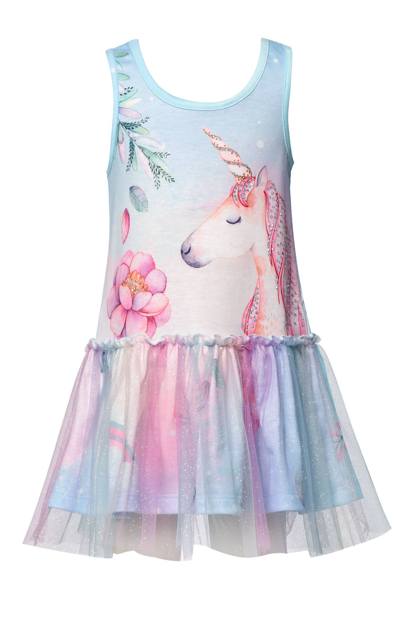 Little Girl’s Drop Waist Unicorn Print Tutu Dress My Hannah Banana    Round Neckline  Sleeveless   Soft Pastel Girly Tones Majestic Unicorn Floral Print Lettuce Ruffle Dropped Waist Sparkly Mesh Tutu Lower Half  Imported