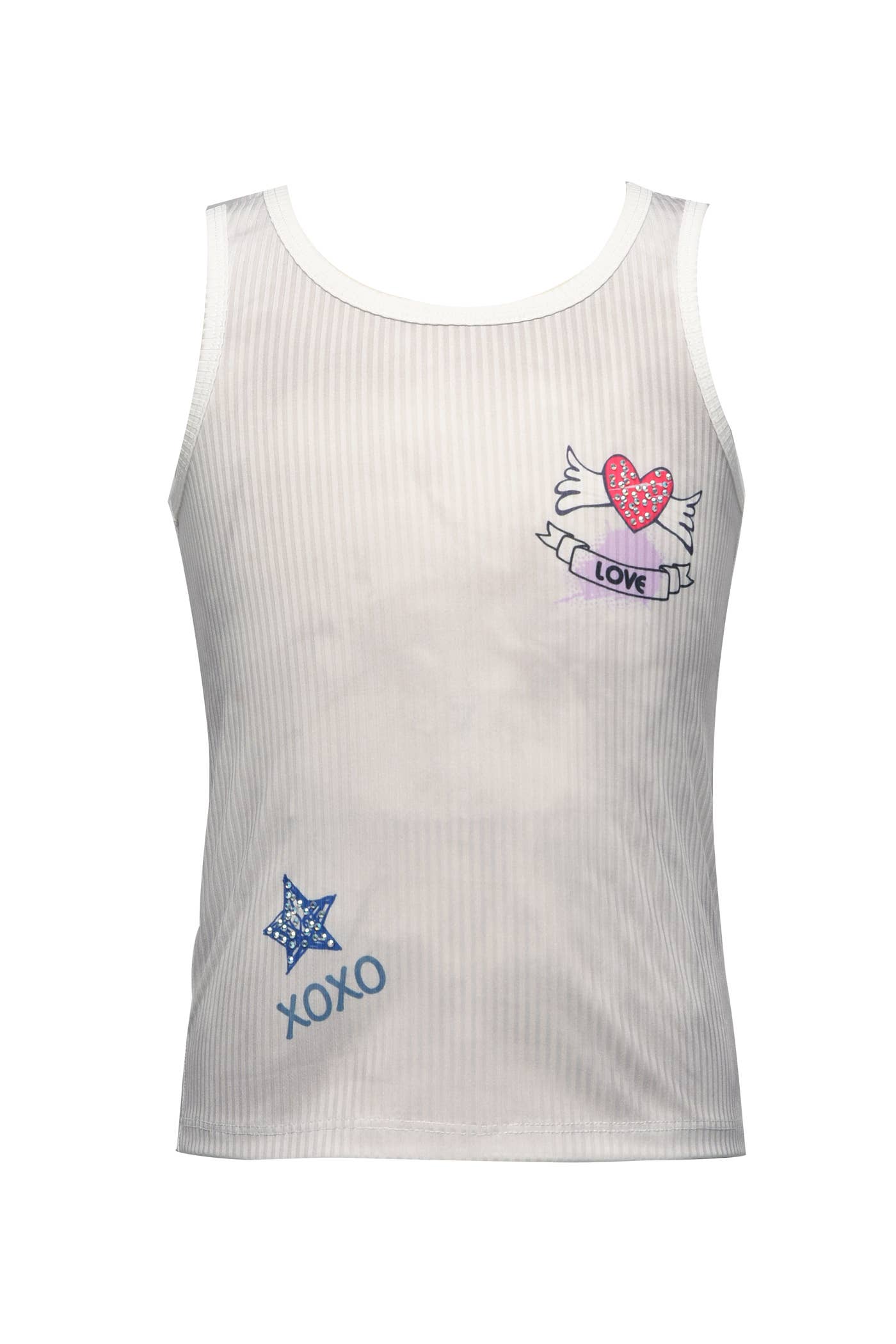 My hannah banana Girl’s Tie Dye XOXO Graphic Print Ribbed Tank Top.  Round Neckline & Sleeveless   Ribbed Knit Material Subtle Tie Dye & Solid Contrast Outlines  Tattoo Like Heart w/ Wings “LOVE” & Star “XOXO” Graphic  Here’s To A Basic That’s Not So Basic!  Imported